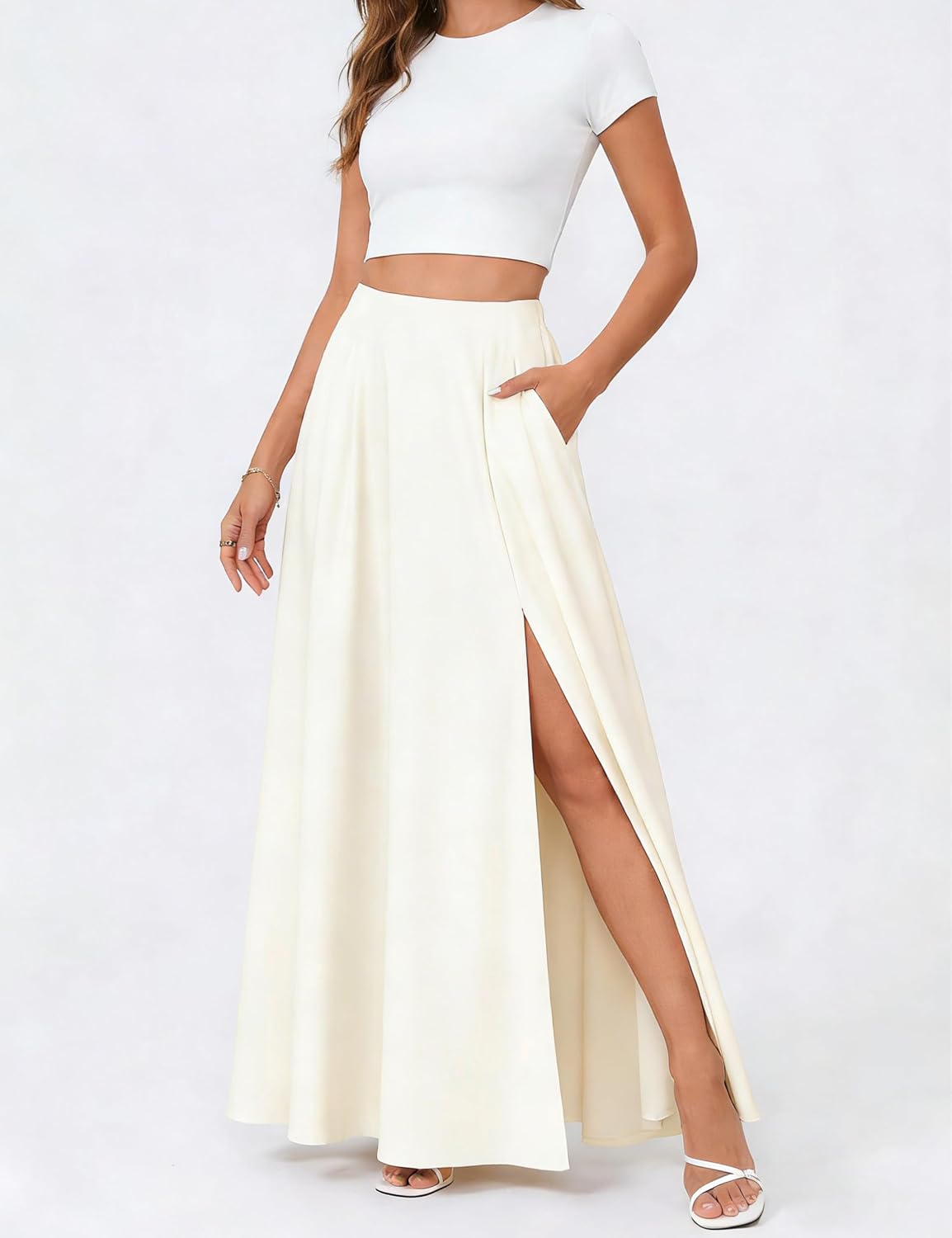 Women's Satin Maxi Skirt Side Slit Pockets Ivory Women's Satin Maxi Skirt Side Slit Pockets Ivory
