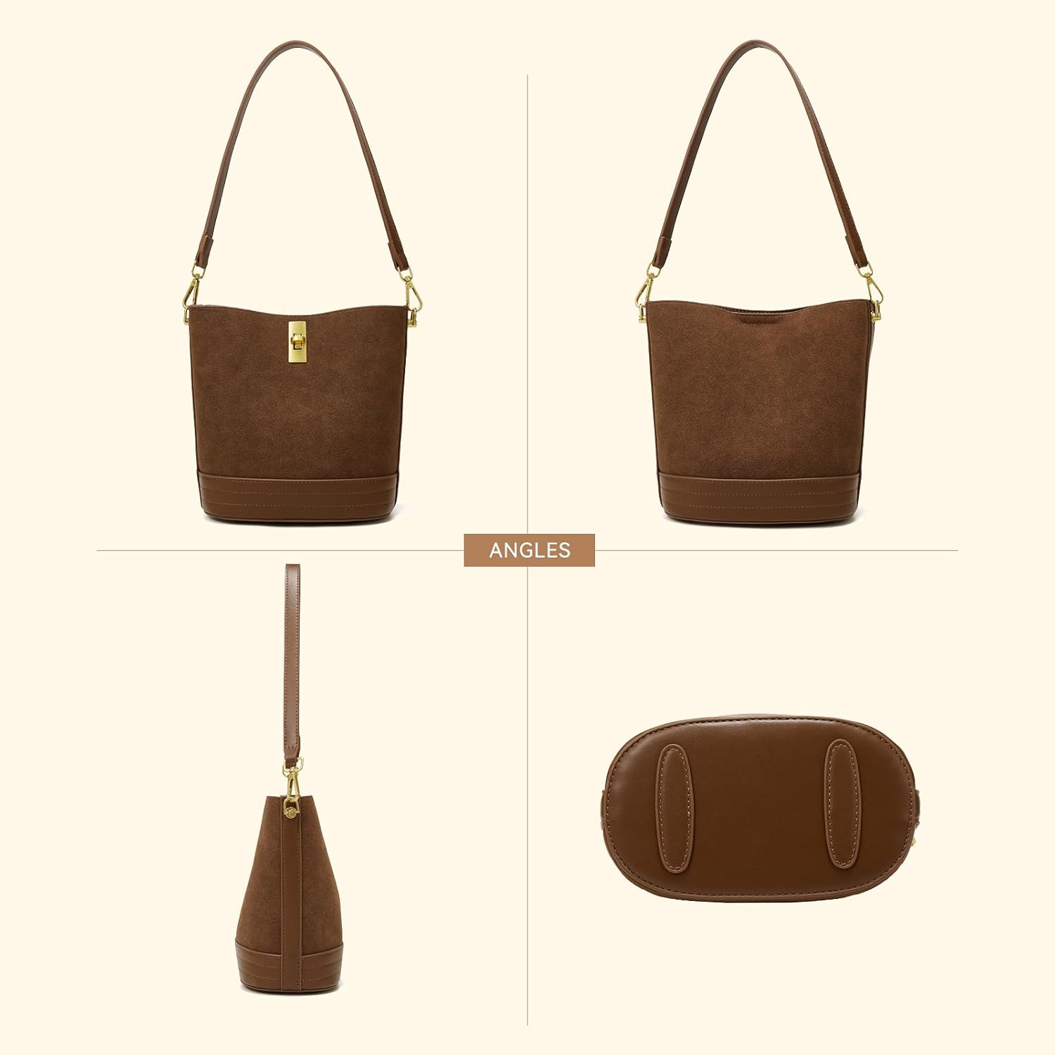 Women's Faux Suede Bucket Bag with Gold Lock Brown Women's Faux Suede Bucket Bag with Gold Lock Brown