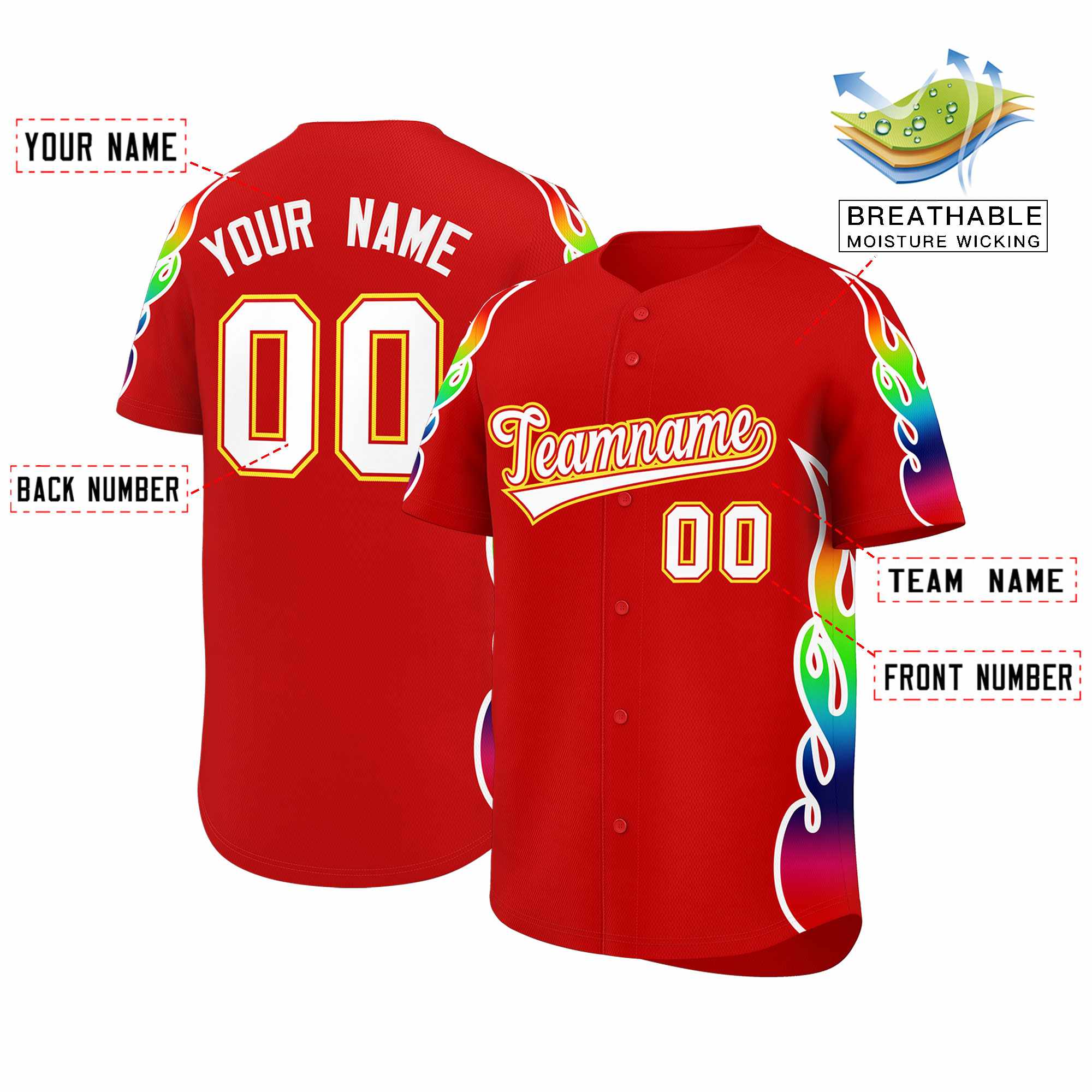 Benutzerdefiniertes Graffiti-Muster, personalisierter mehrfarbiger Flammendruck, authentisches Baseball-Trikot
