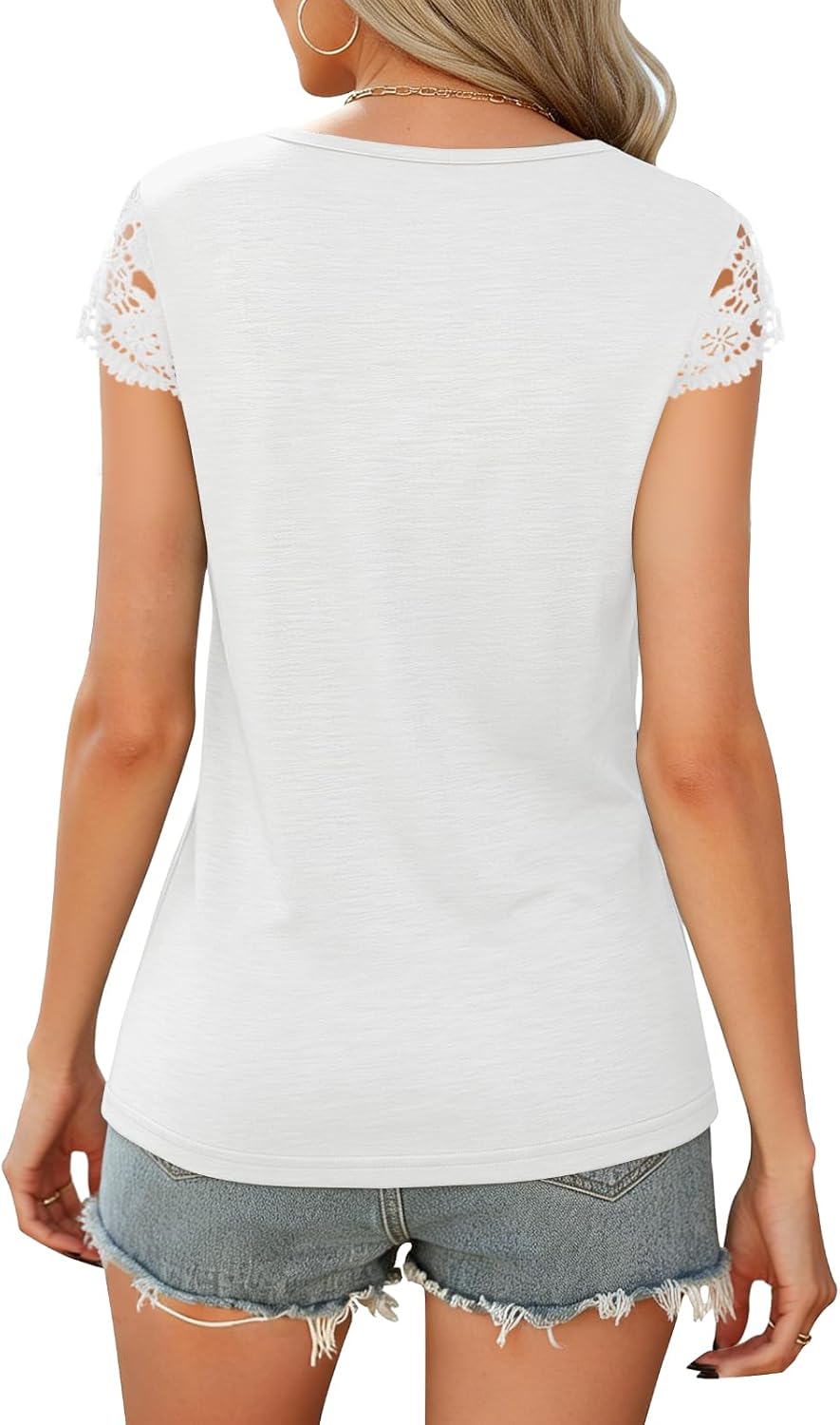 Women's Lace Sleeve V Neck T-Shirt White Women's Lace Sleeve V Neck T-Shirt White