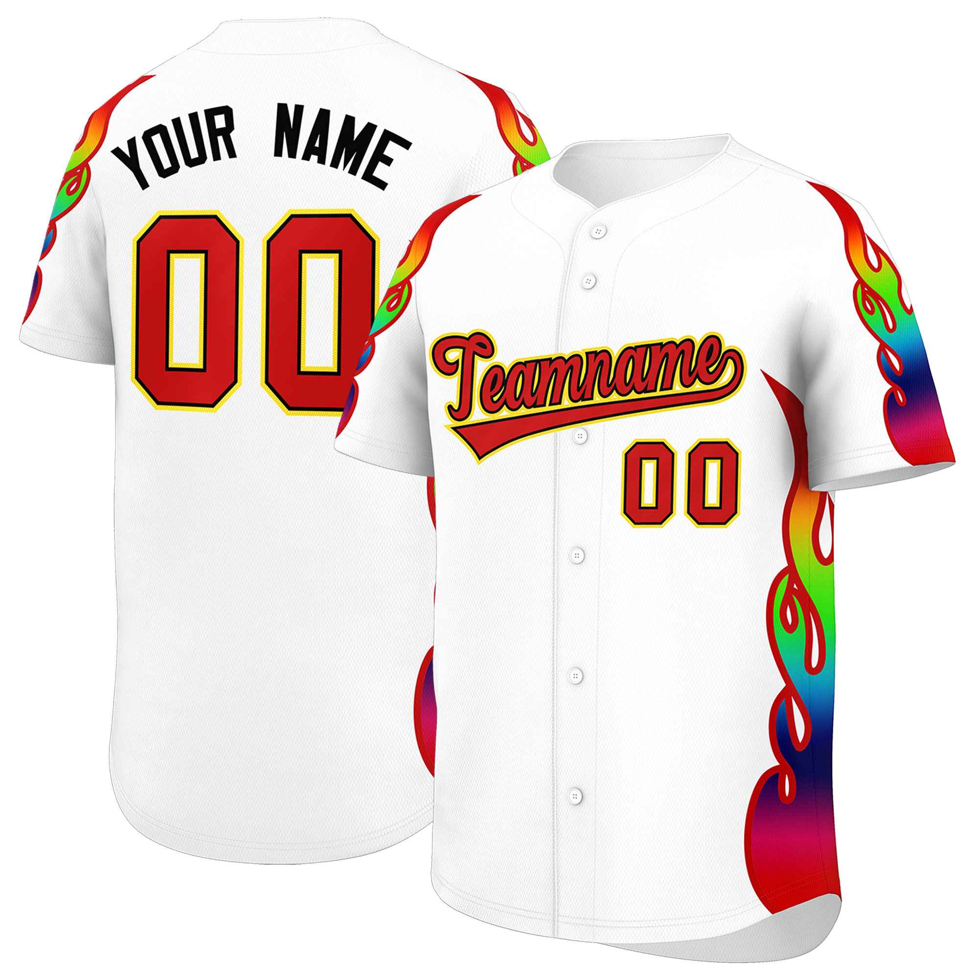 Benutzerdefiniertes Graffiti-Muster, personalisierter mehrfarbiger Flammendruck, authentisches Baseball-Trikot