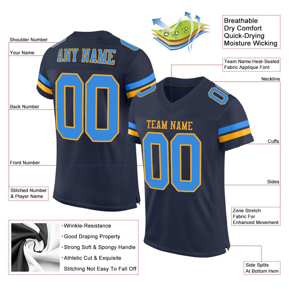 Maßgeschneidertes authentisches Mesh-Fußballtrikot im klassischen Marineblau-Gold-Stil