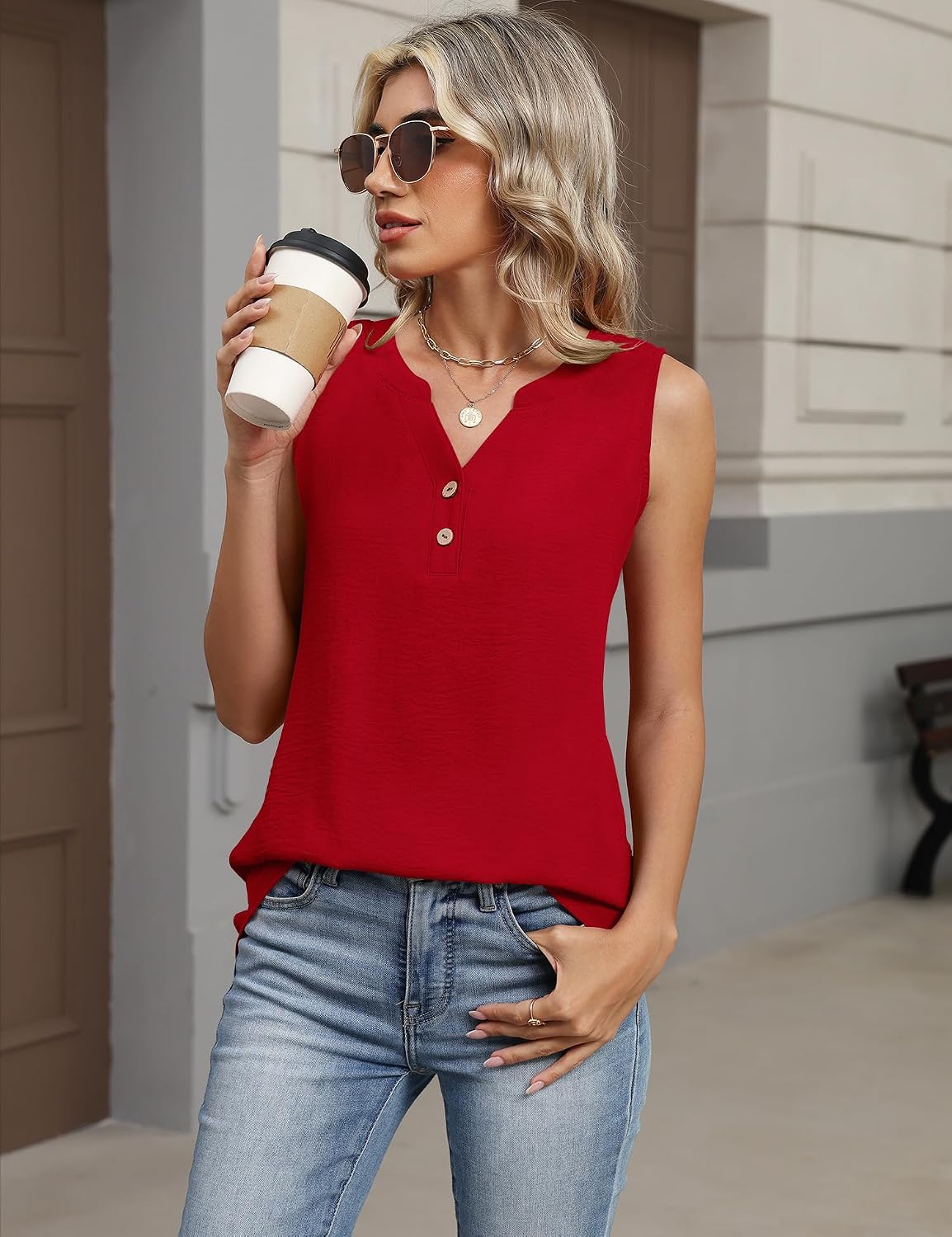 Women's V Neck Button Down Loose Tank, Red Women's V Neck Button Down Loose Tank, Red