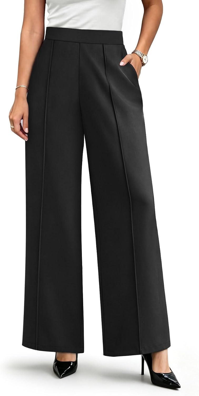 Womens Wide Leg Dress Pants High Waisted Pull On Work Trousers Business Casual Palazzo