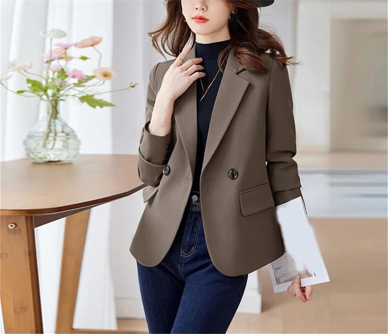 Women's Double Button Slim Fit Blazer Brown Women's Double Button Slim Fit Blazer Brown