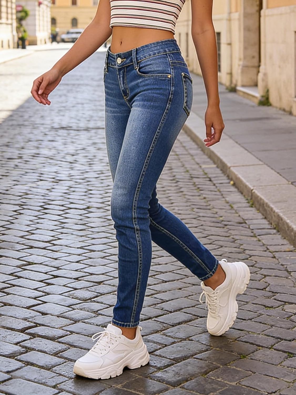 Mid Waist Women's Skinny Jeans Butt Lifting Slim Fit Wash Leg Denim Pants with Pocket