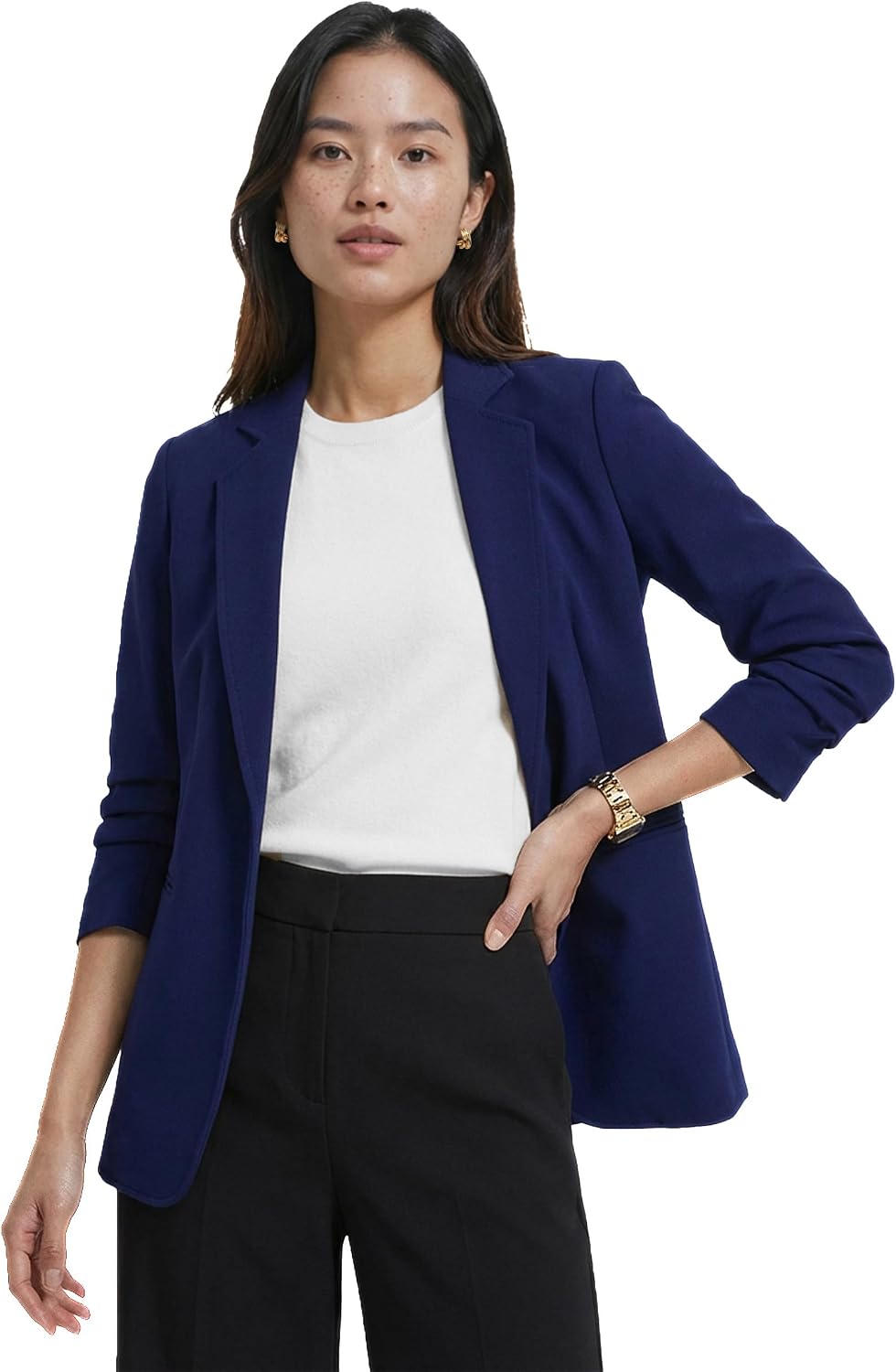 Women's Ruched Sleeve Open Front Blazer Royal Blue
