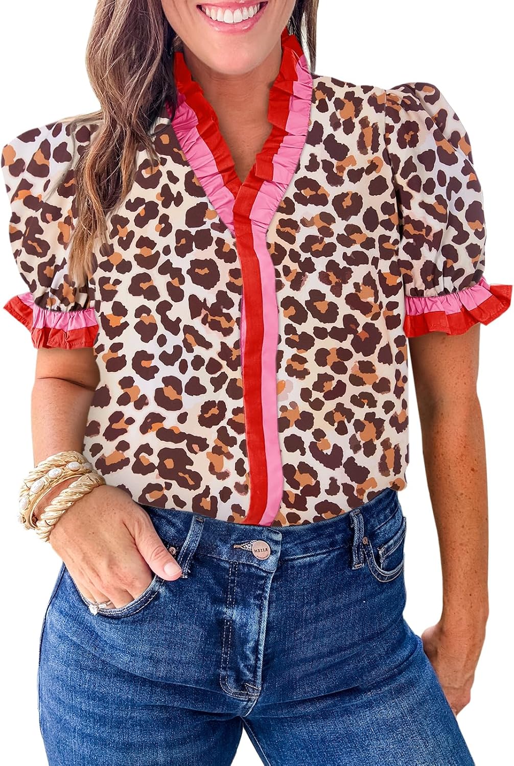 Women's Leopard Print Blouse Ruffle V Neck Puff Sleeve