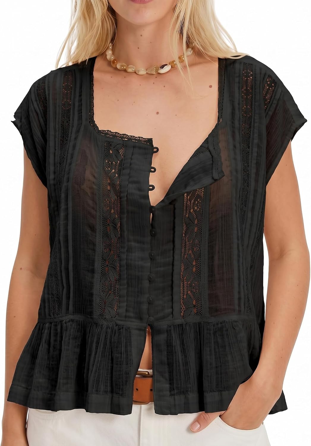 Women's Semi Sheer Blouse Square Neck Lace Trim Black