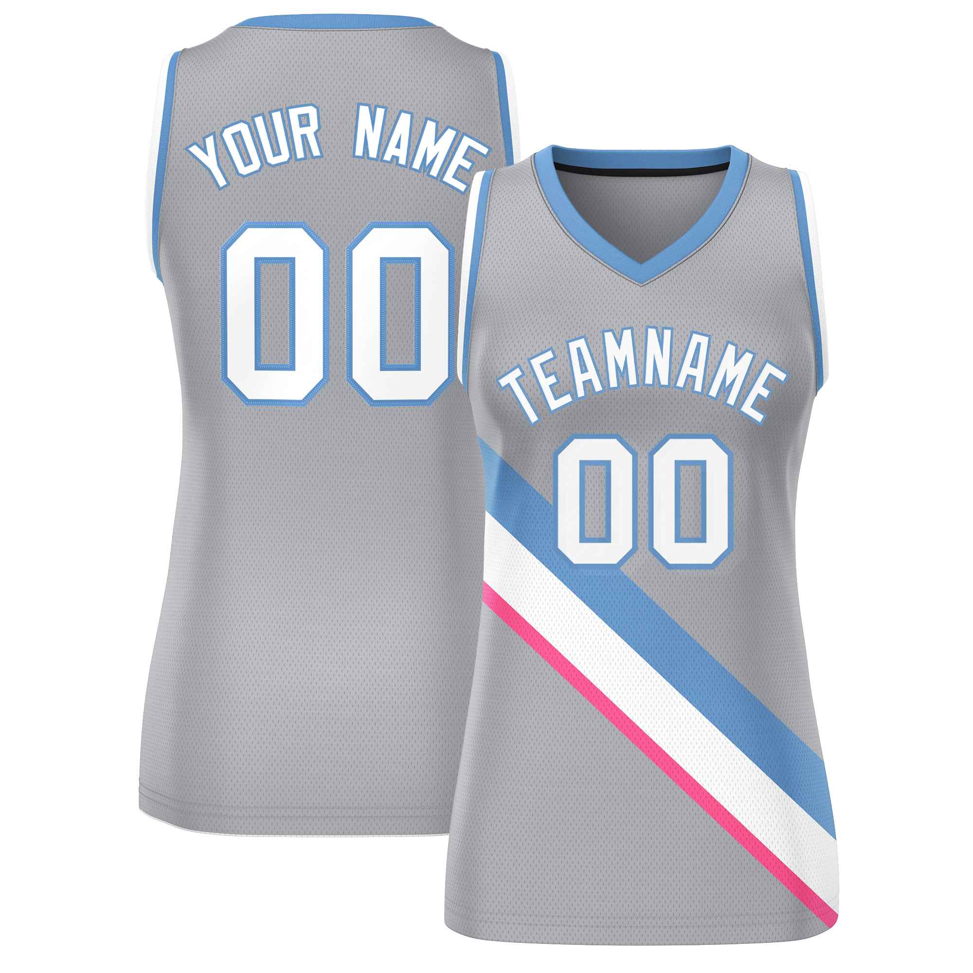 Maßgeschneidertes hellgrau-weiß-hellblaues, dickes Slash Fashion Tops Mesh-Basketballtrikot für Damen