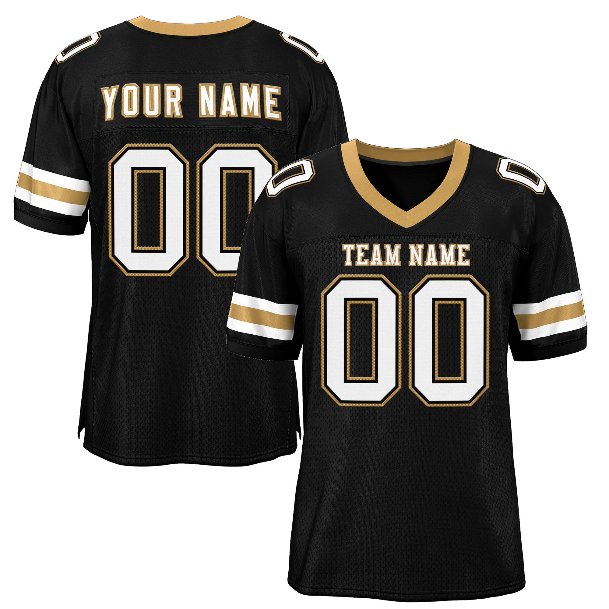Maßgeschneidertes authentisches Mesh-Fußballtrikot im klassischen Schwarz-Weiß-Altgold-Stil