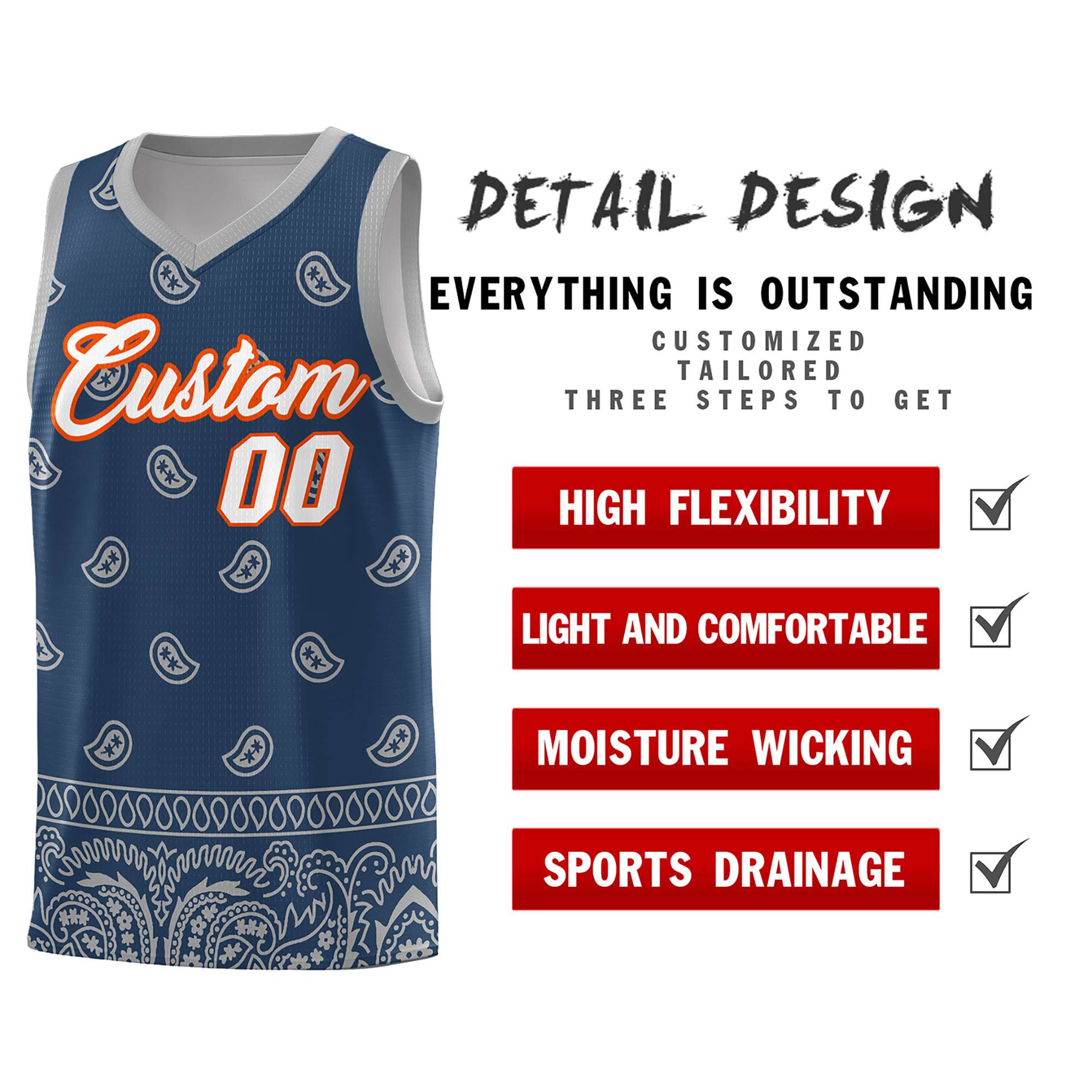 Benutzerdefiniertes Mitternachtsblau-Grau-personalisiertes Cashew-Muster-Sportuniform-Basketballtrikot
