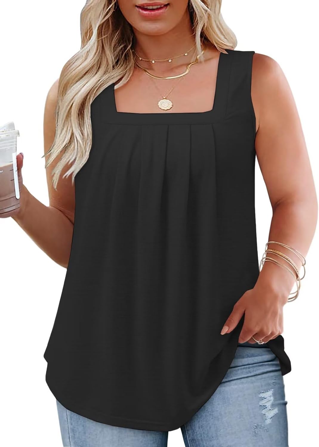 Womens-Plus-Size-Tank-Tops Casual Sleeveless Square Neck Flowy Tunic Shirts XL-5XL