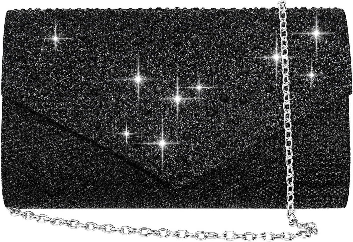 Women's Black Glitter Clutch Rhinestone Envelope Evening Purse