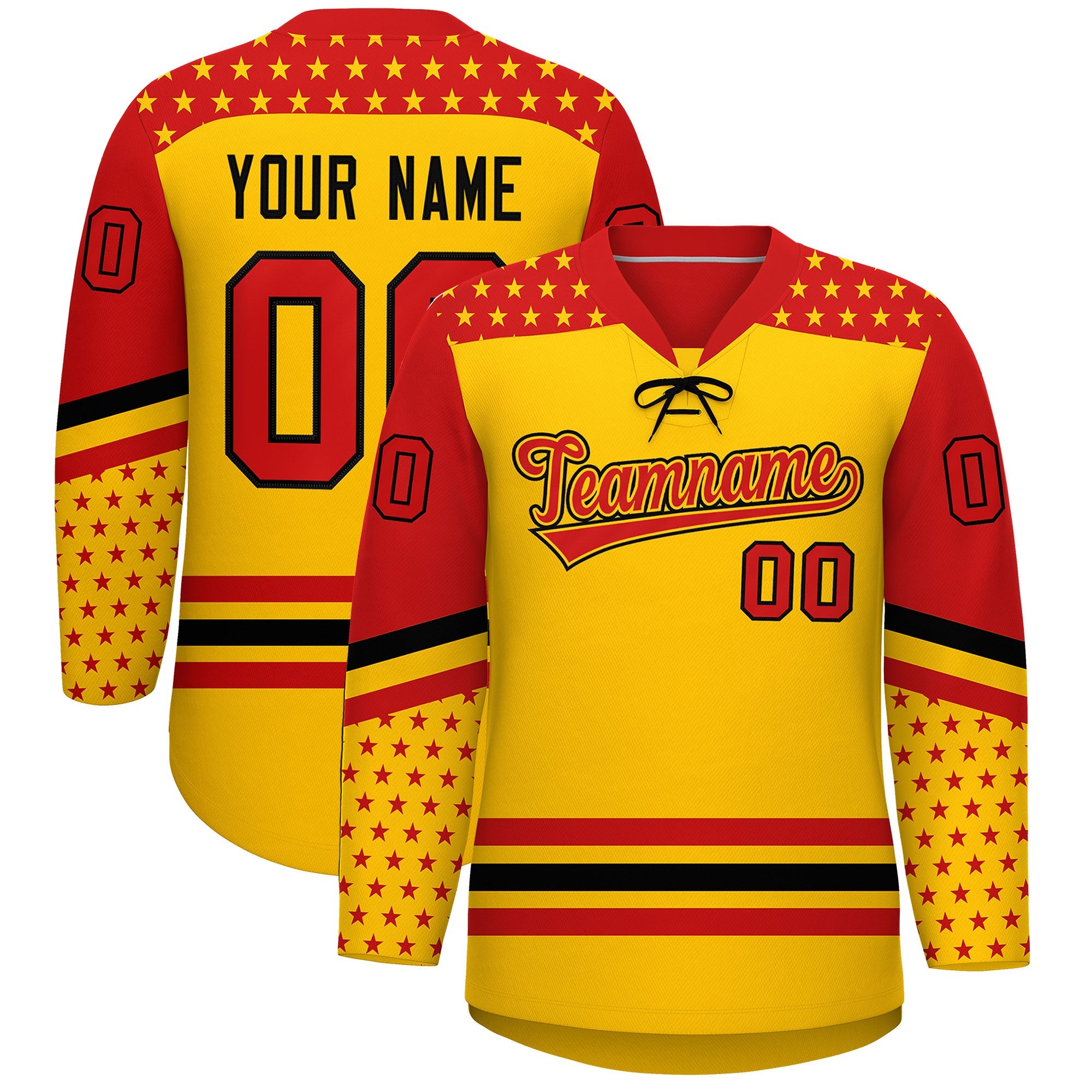 Custom Gold Red Black Star Series Personalization Lace-Up Neck Hockey Jersey