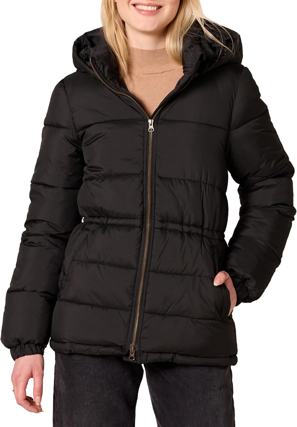 Women's Heavyweight Hooded Puffer Jacket Adjustable Waist Black