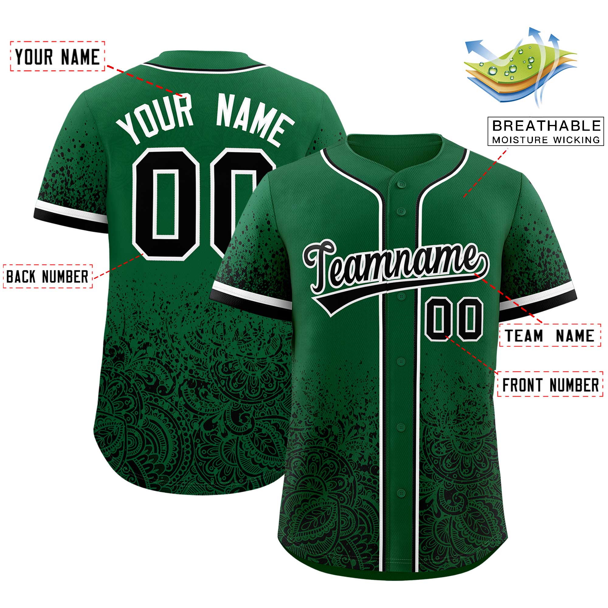 Benutzerdefiniertes Blumendruckmuster mit durchgehendem Knopf und Farbverlauf, modisches Baseball-Trikot Benutzerdefiniertes Blumendruckmuster mit durchgehendem Knopf und Farbverlauf, modisches Baseball-Trikot