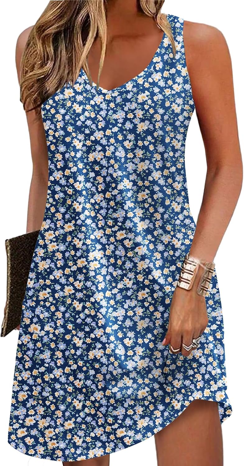 Women's Floral V Neck Sundress Navy Blue Sleeveless