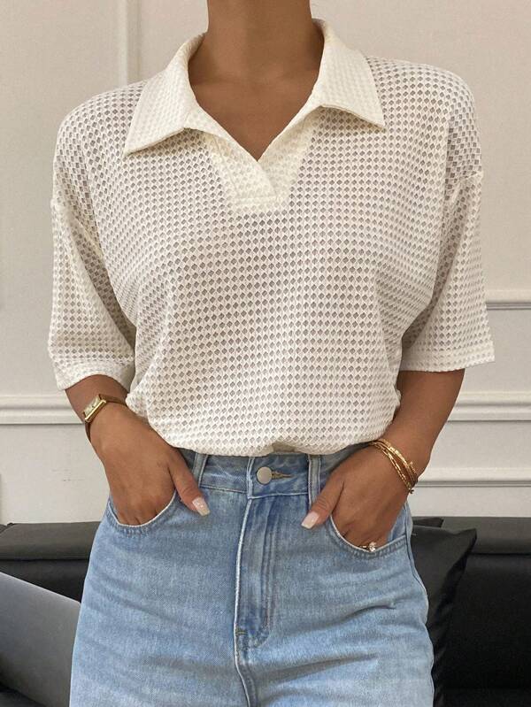 Lässiges Basic-T-Shirt für Damen mit Polokragen, lockeres, einfarbiges, strukturiertes T-Shirt