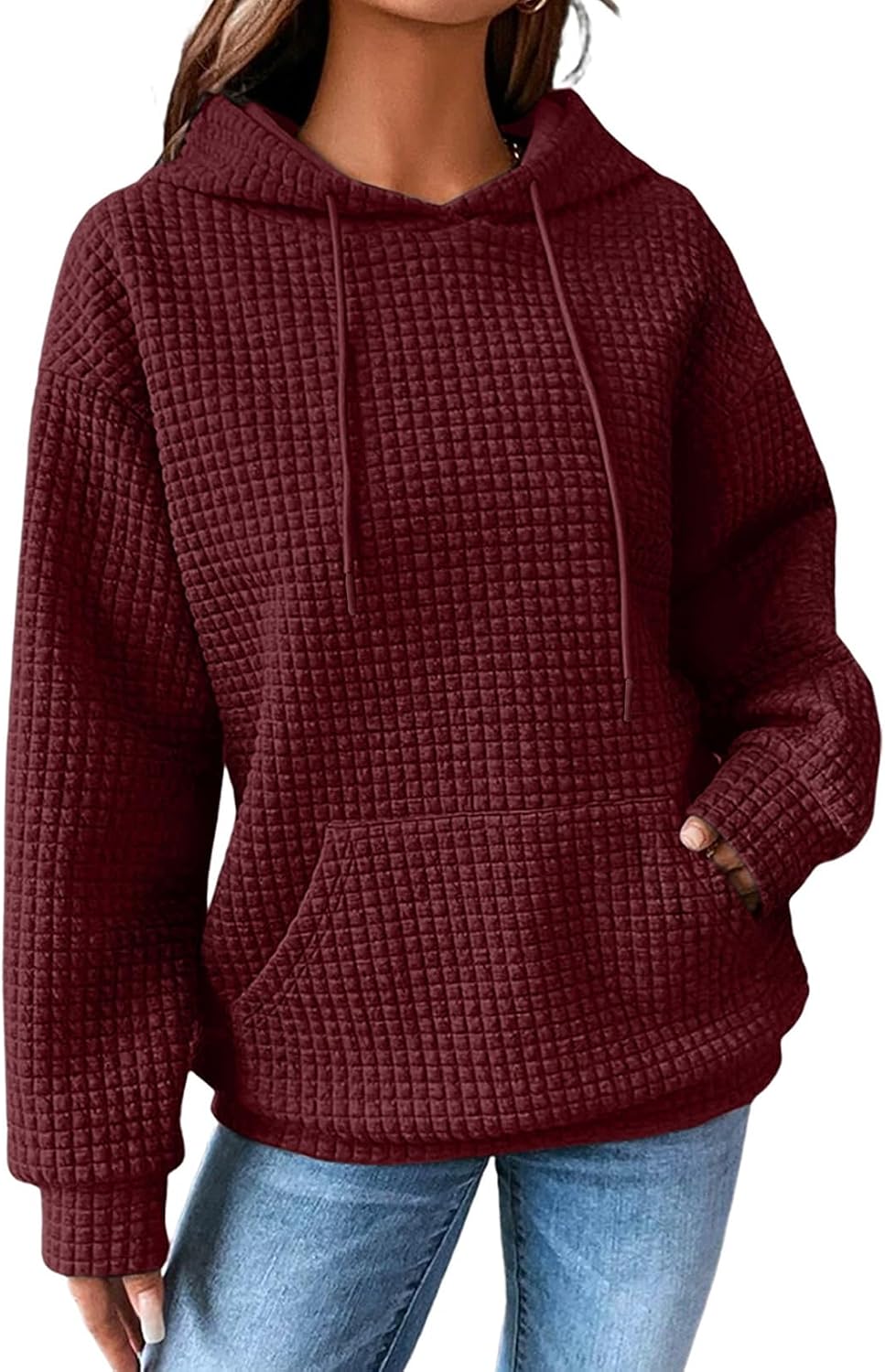 Womens Hoodies Casual Drawstring Waffle Pullover Tops Hooded Sweatshirt with Pocket