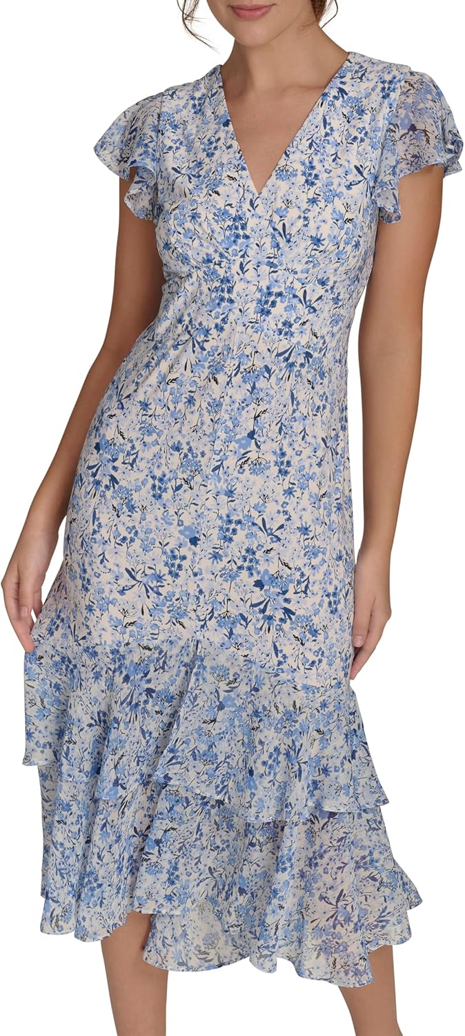Women's Flutter Sleeve V-Neck Ruffle Trim Hi-Lo Midi Dress Women's Flutter Sleeve V-Neck Ruffle Trim Hi-Lo Midi Dress