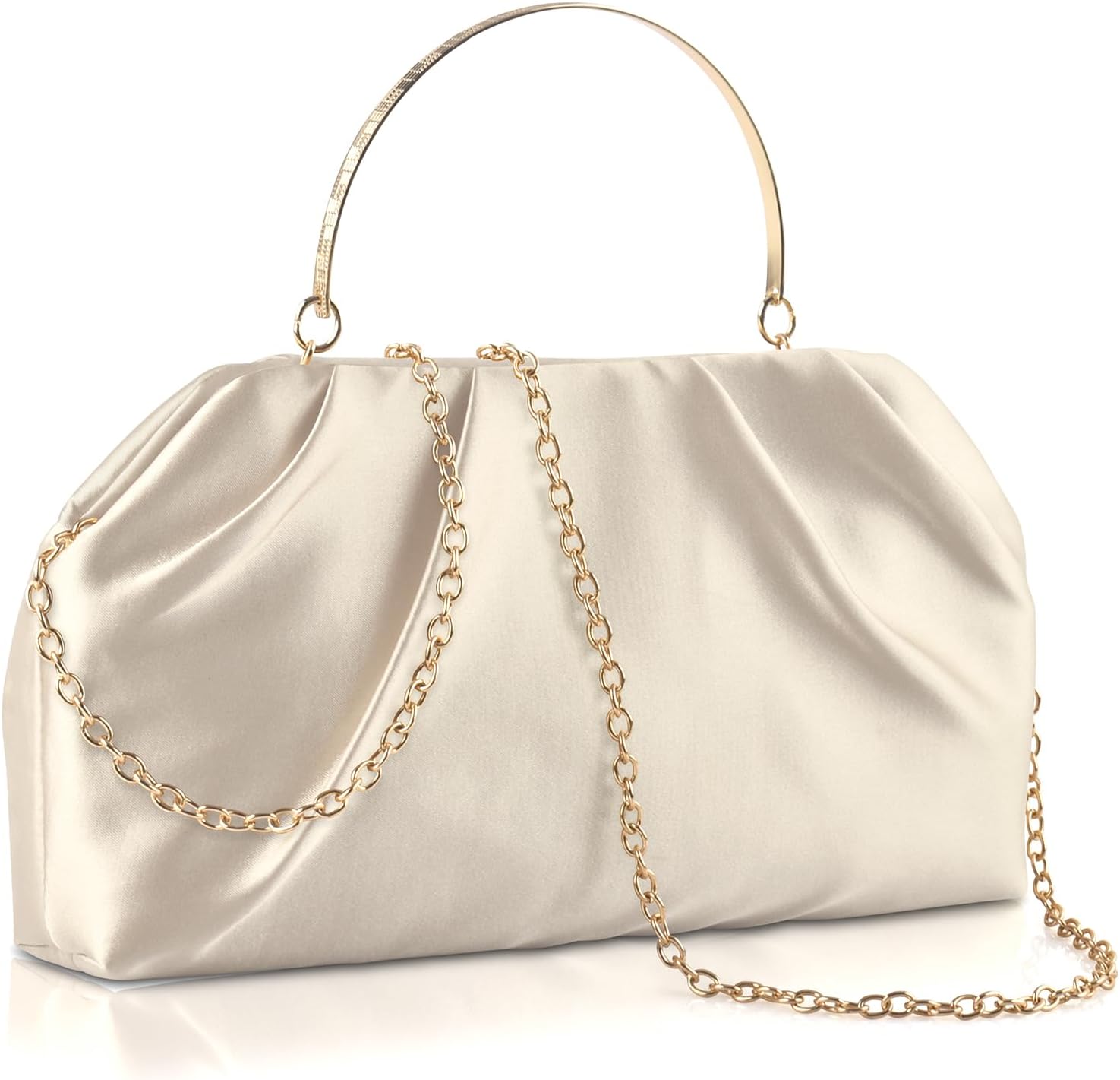 Women's Satin Pleated Clutch Purse with Gold Ring Handle