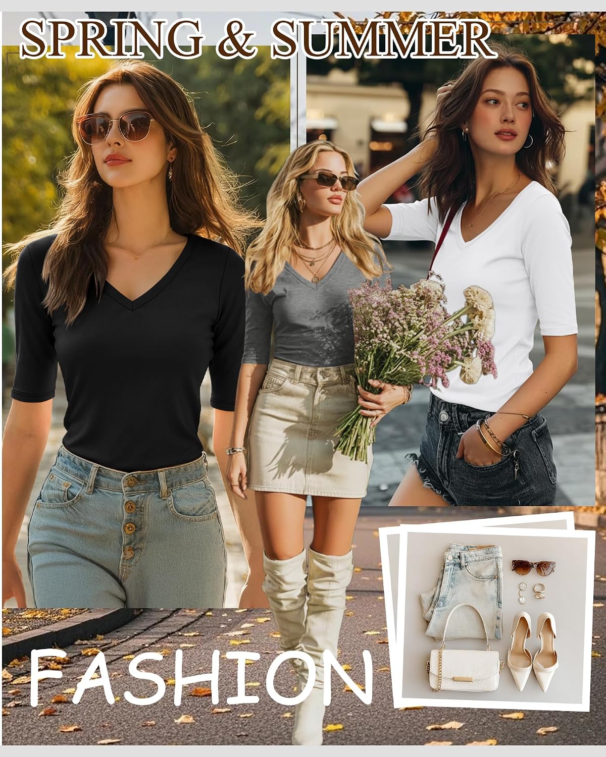 Women's 3 Pack Half Sleeve V Neck T-Shirts