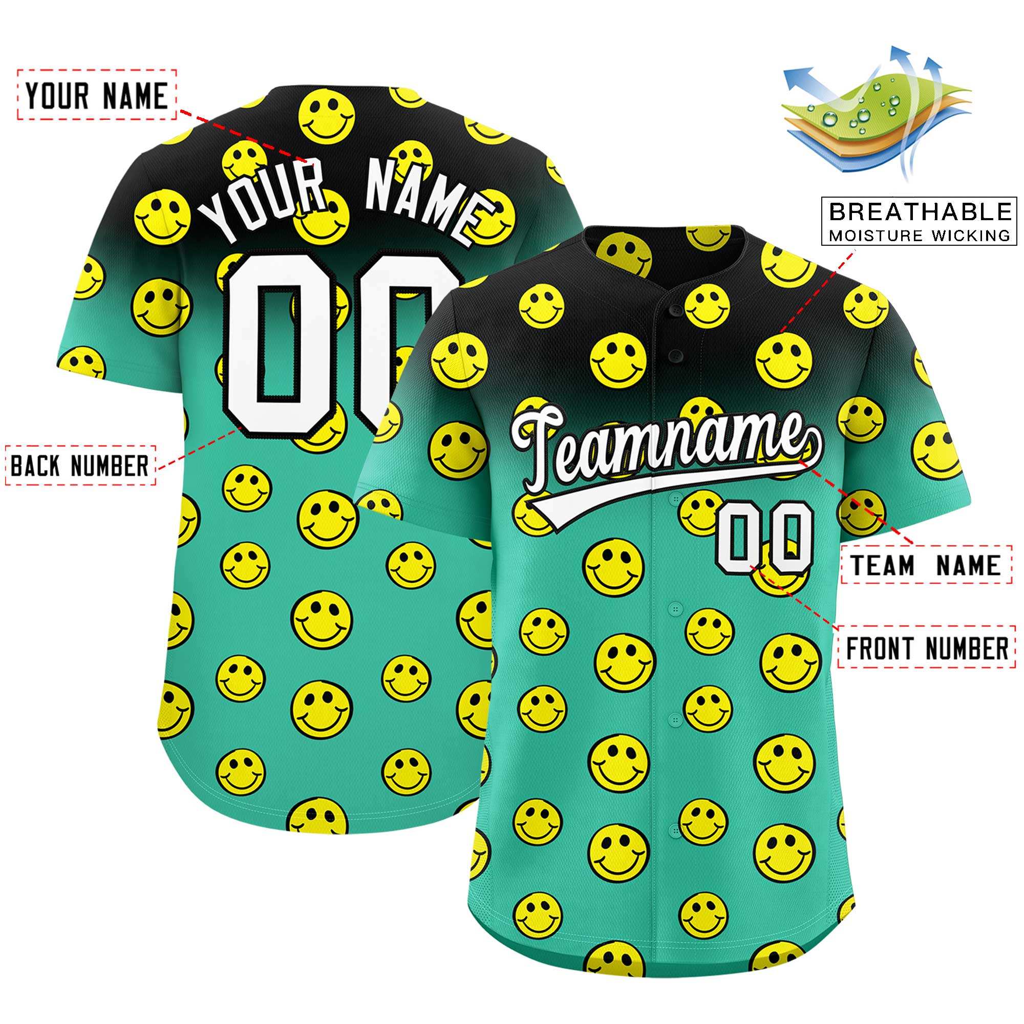 Benutzerdefiniertes, schwarzes, leuchtend grünes Graffiti-Farbverlaufsmuster mit authentischem Smile-Baseball-Trikot Benutzerdefiniertes, schwarzes, leuchtend grünes Graffiti-Farbverlaufsmuster mit authentischem Smile-Baseball-Trikot