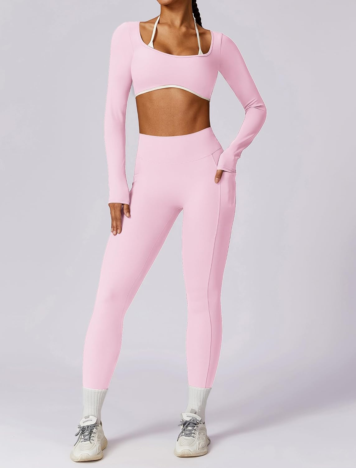 Workout sets for women 2 piece Long Sleeve Yoga Crop Top and High waist Leggings Athletic Gym Sets With pocket