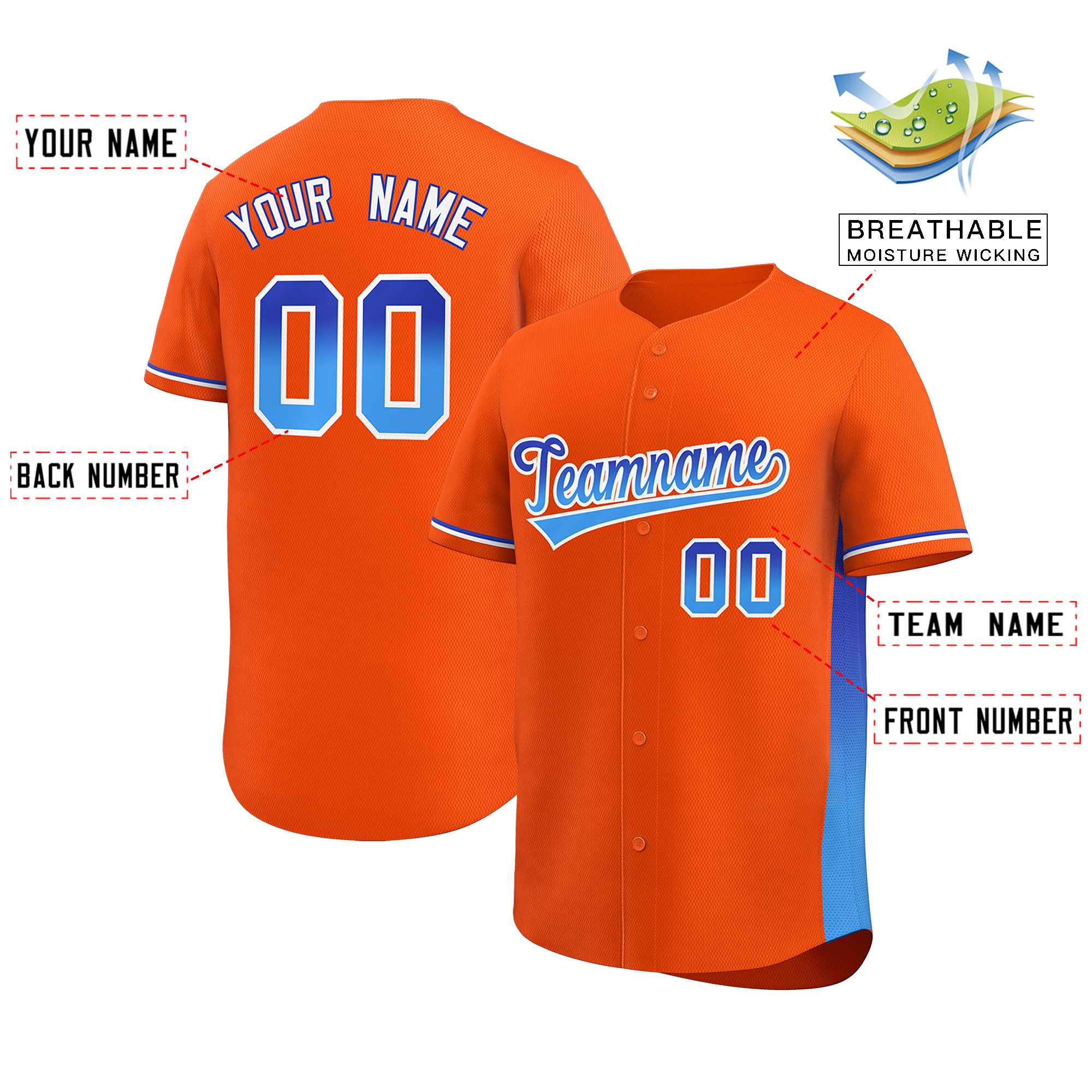 Benutzerdefiniertes Orange Royal-Powder Blue, personalisierte Farbverlaufsschrift und Seitendesign, authentisches Baseball-Trikot