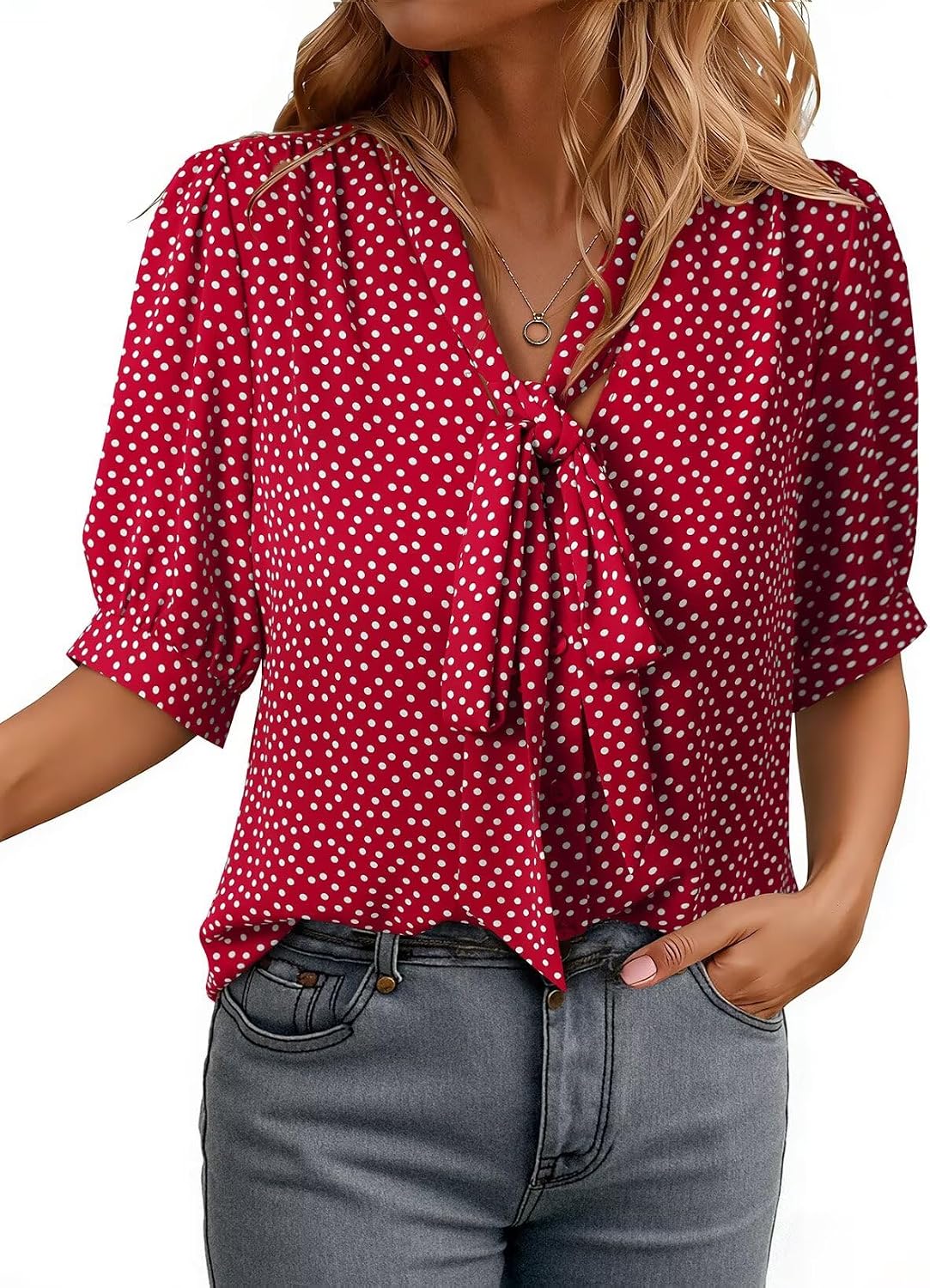 Blouses for Women Dressy Short Sleeve Shirts Bow Tie Neck Work Tops Business Outfits