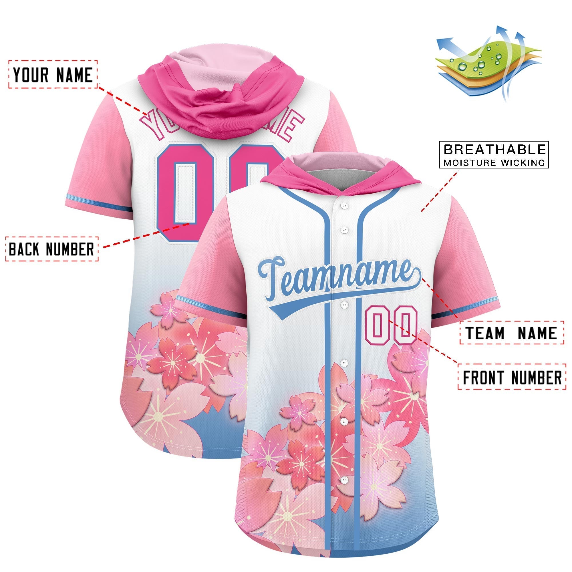 Benutzerdefiniertes Kirschblüten-Raglanärmel-atmungsaktives Baseball-Kapuzentrikot Benutzerdefiniertes Kirschblüten-Raglanärmel-atmungsaktives Baseball-Kapuzentrikot