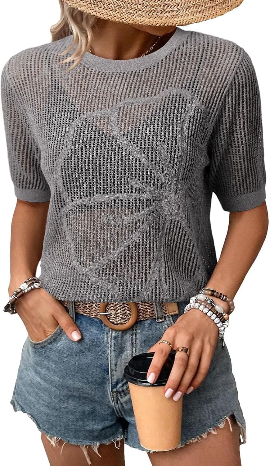 Women's Gray Open Knit Short Sleeve Sweater