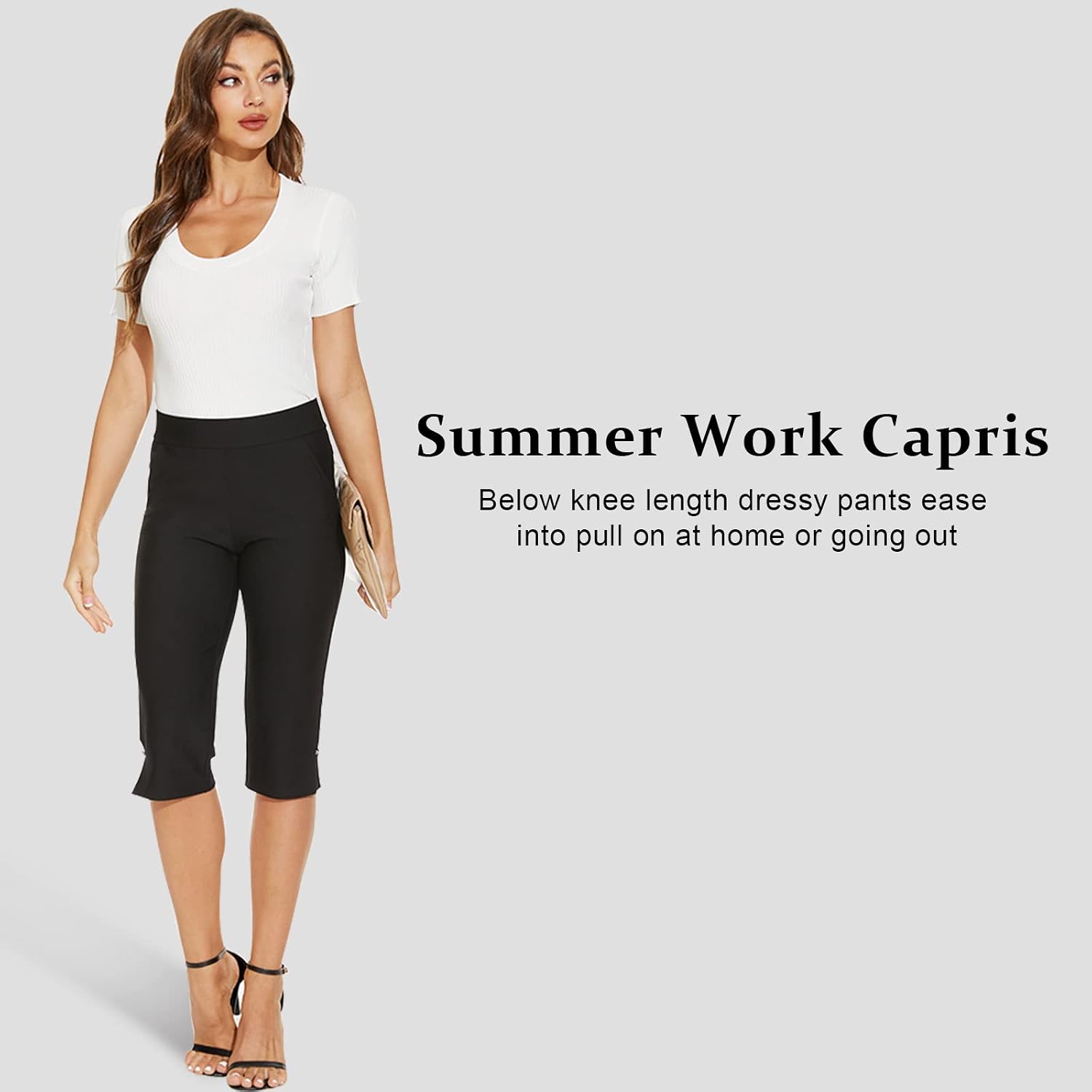 Women's High Waist Capri Pants with Pockets (Black)