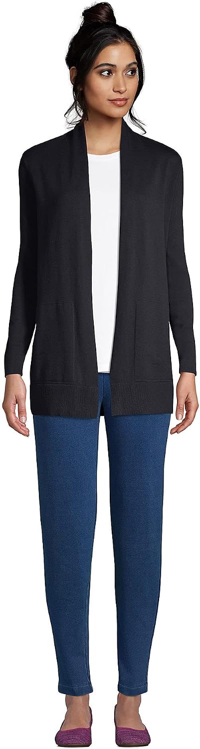 Women's Black Open Front Long Cardigan with Pockets