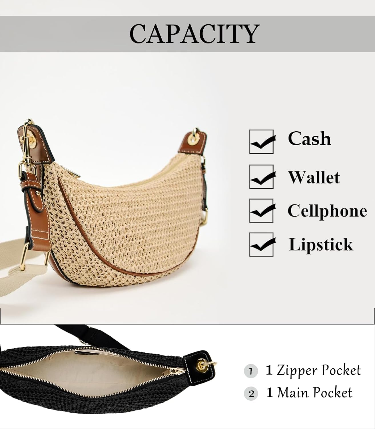 Women's Beige Straw Crescent Crossbody Bag Woven Hobo Purse