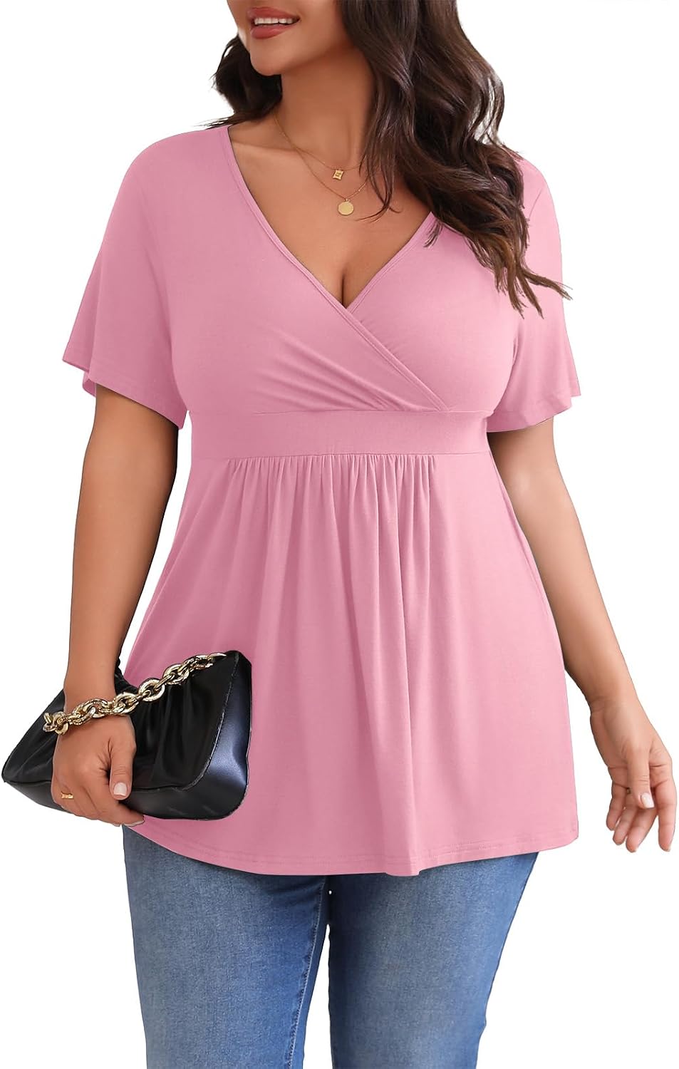 Womens Plus Size Tops Summer Short Sleeves Tunic Casual V-Neck Wrap Shirts Dressy Work Blouses L-4XL