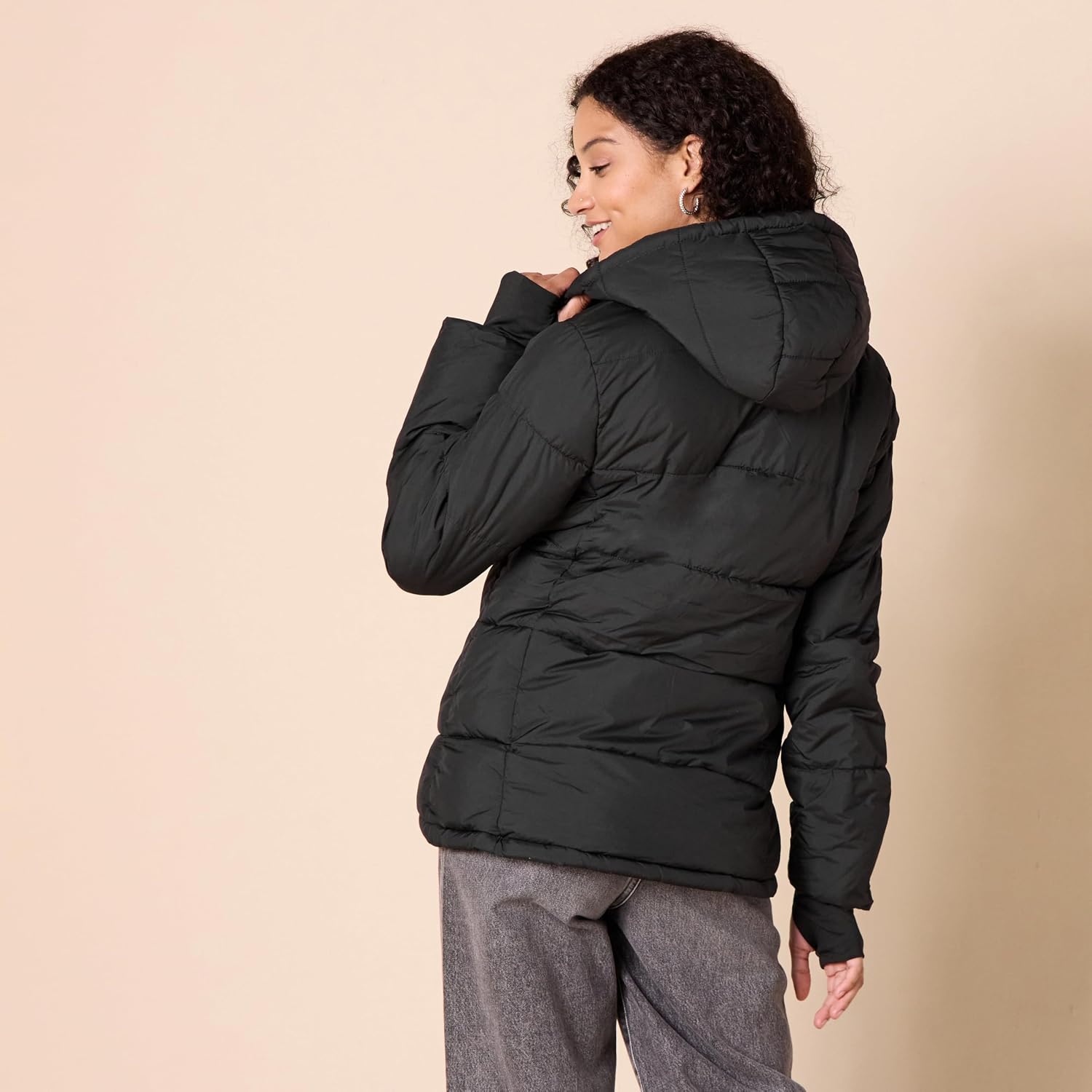 Women's Heavyweight Quilted Hooded Puffer Coat Snap Front Black