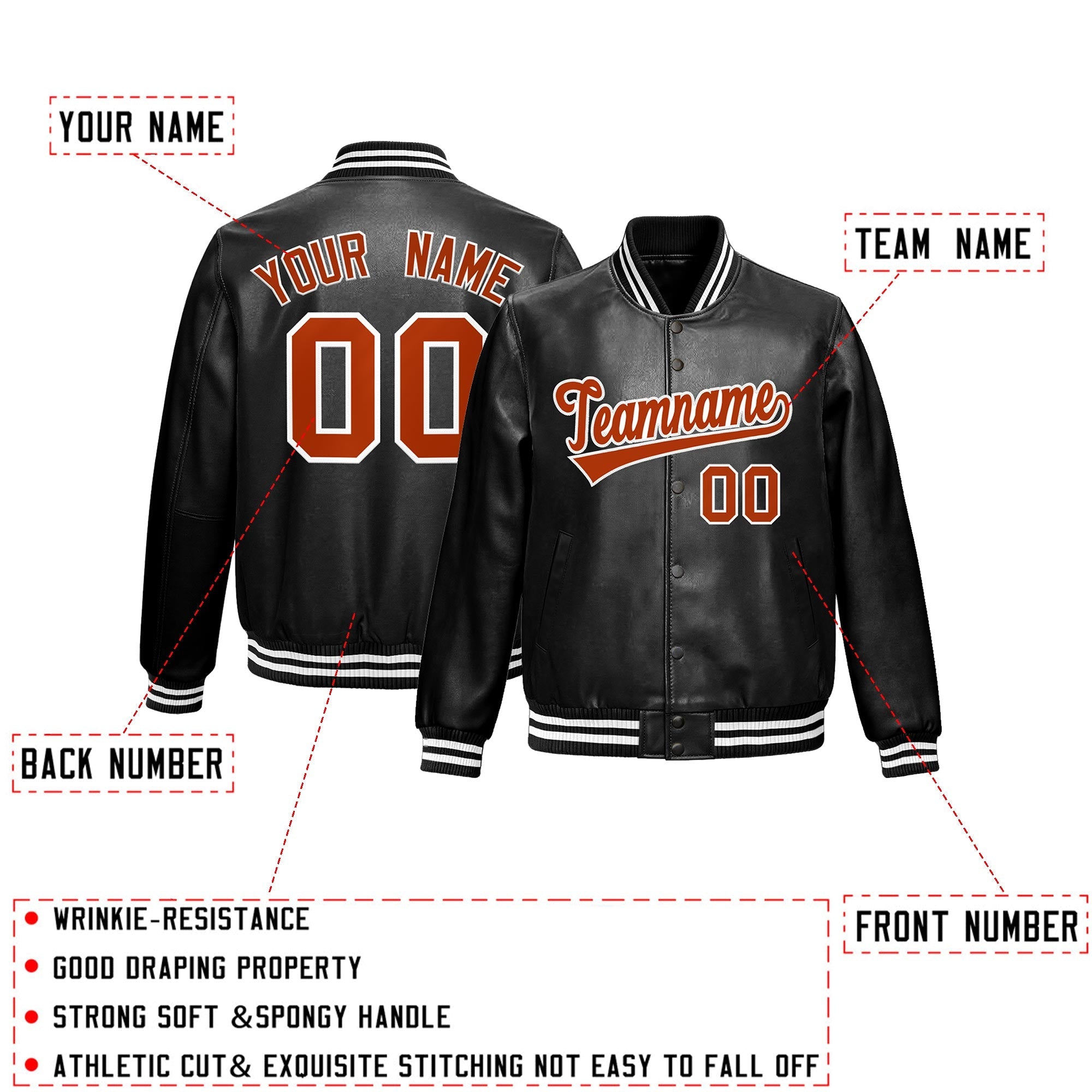 Custom Black Dark Orange White Full-Snap Varsity Faux Leather Letterman Jacket Custom Black Dark Orange White Full-Snap Varsity Faux Leather Letterman Jacket
