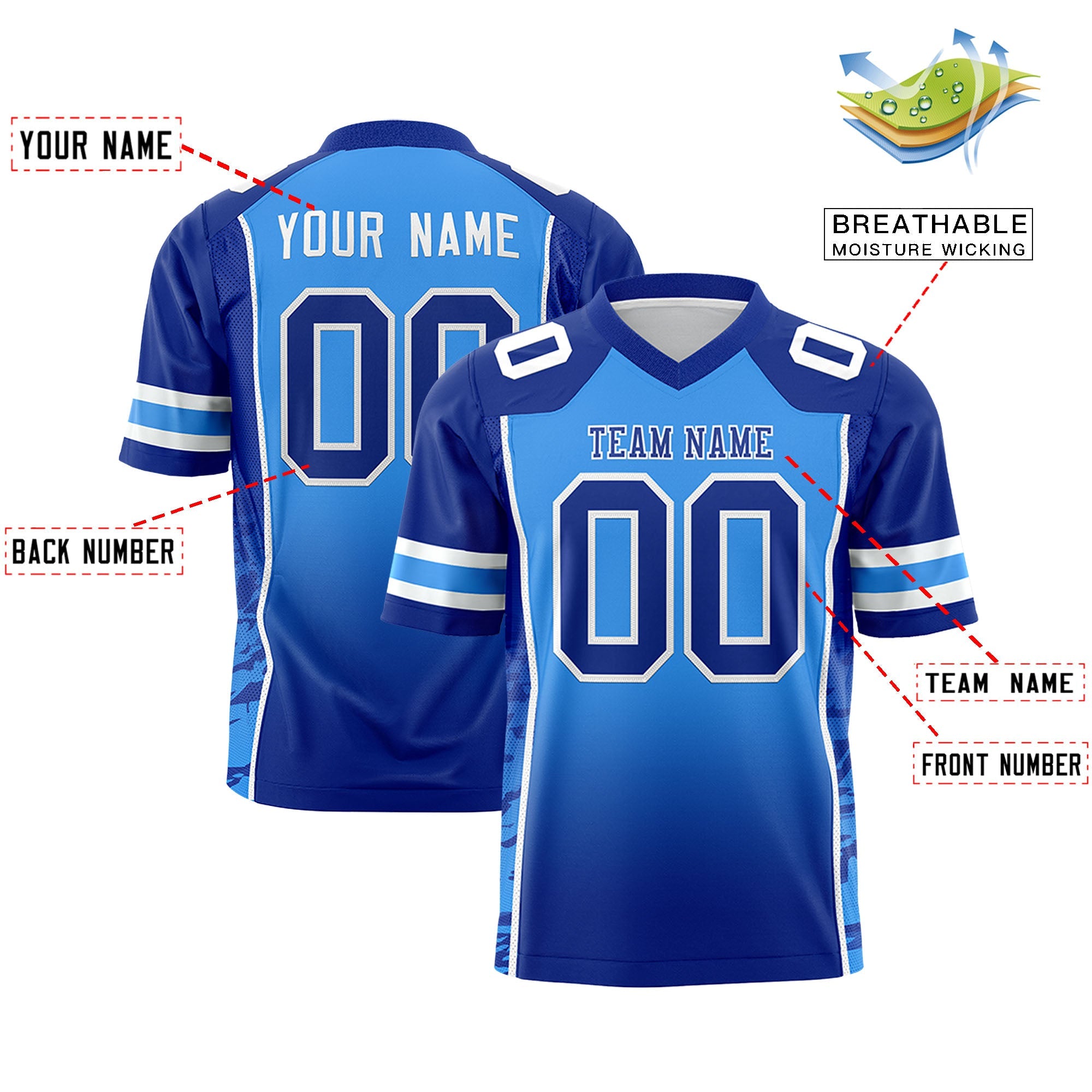 Authentisches Fußballtrikot mit individuellem Farbverlauf und personalisiertem Seitenmuster