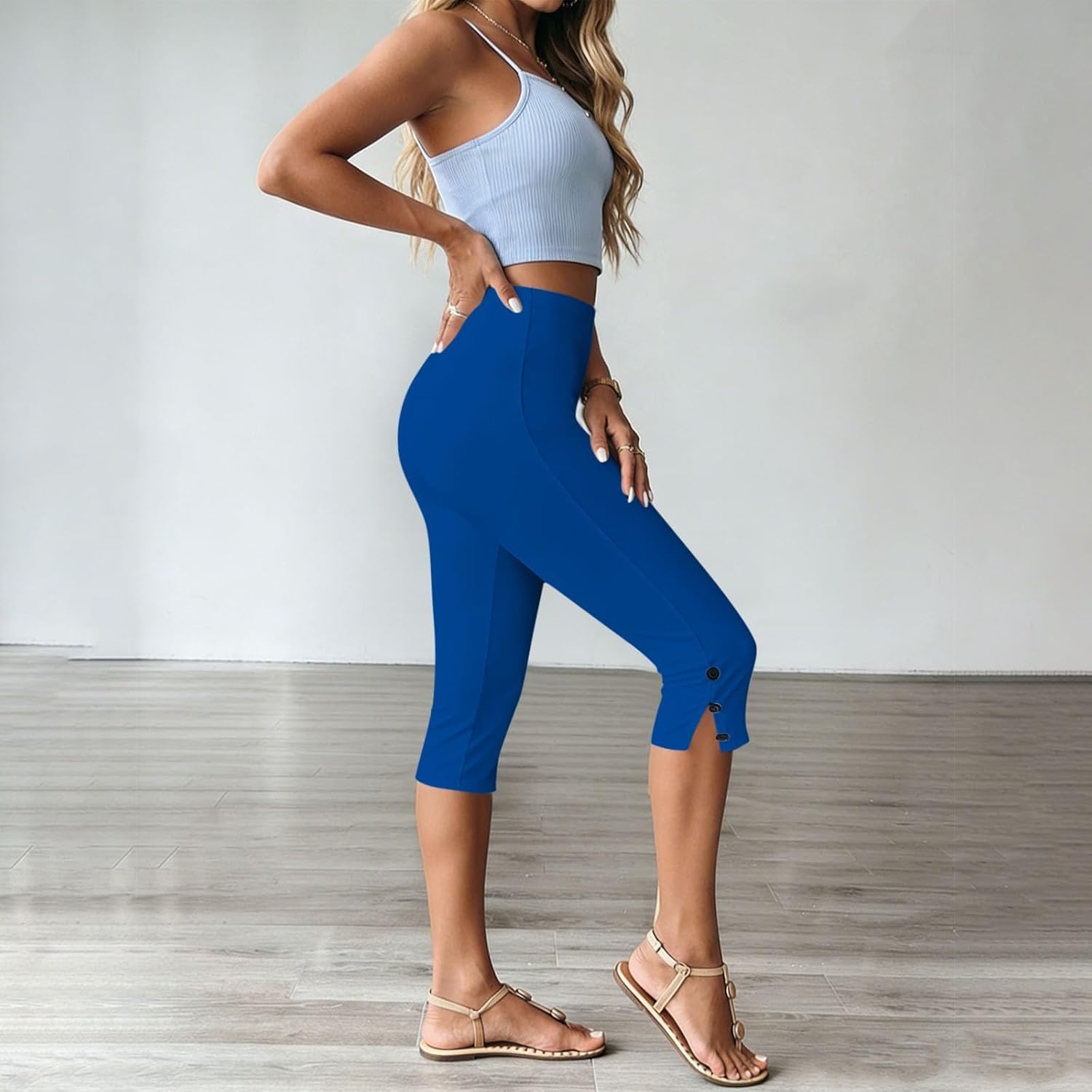 Women's Capri Leggings with Button Hem Slit (Royal Blue)
