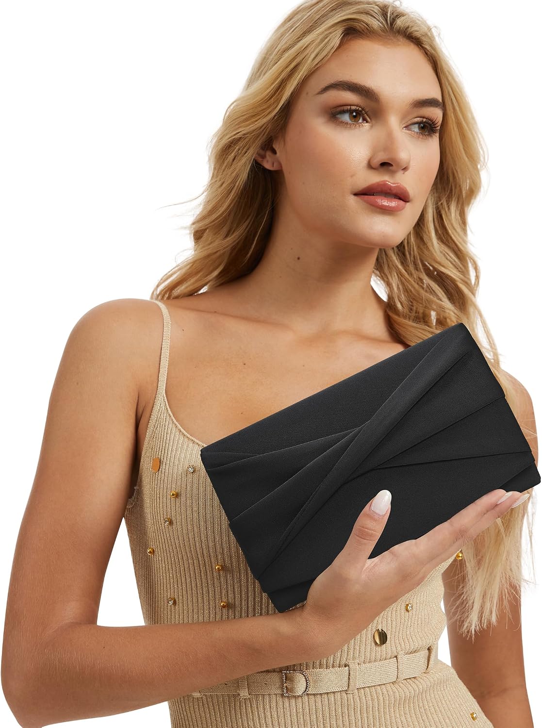 Women's Black Satin Knot Clutch with Detachable Chain Strap