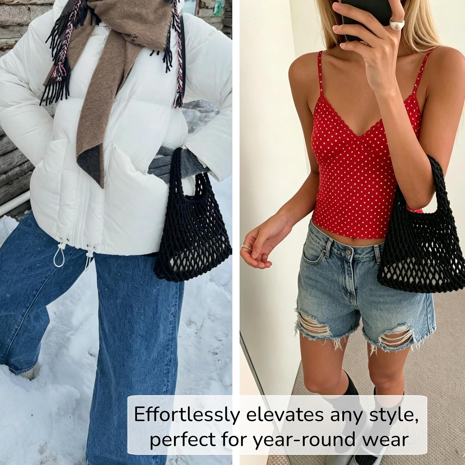 Women's Cotton Rope Mesh Tote Bag Black