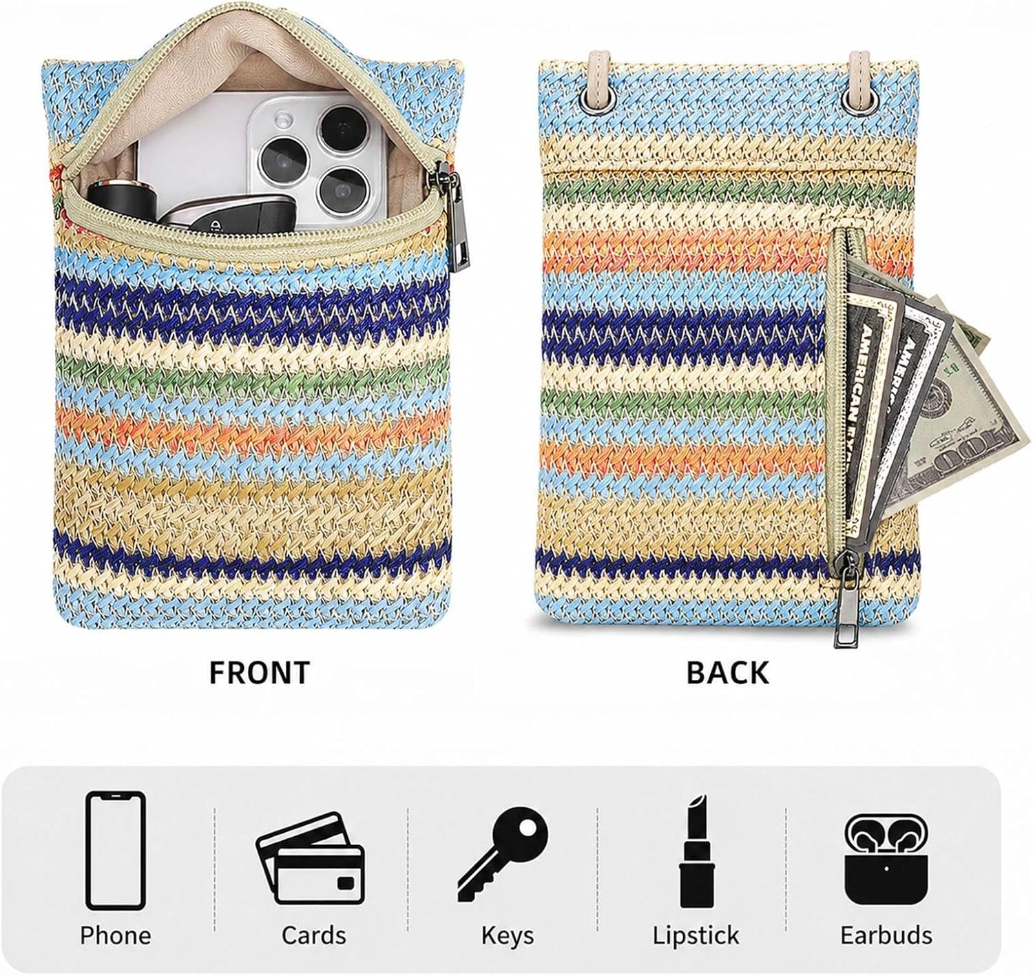 Women's Woven Straw Crossbody Phone Purse with Adjustable Strap