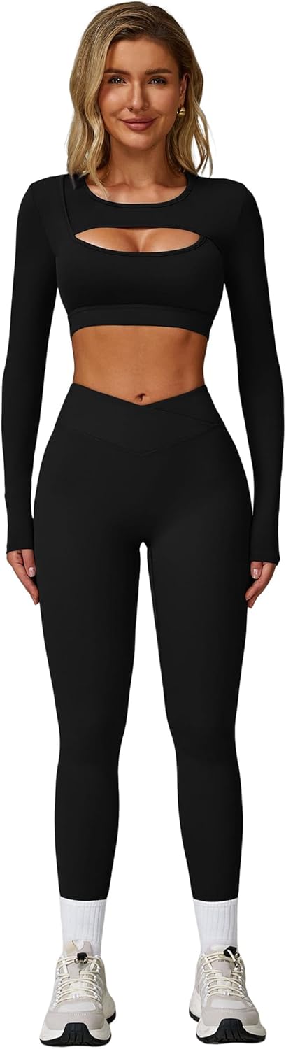 2 Piece Workout Sets for Women Seamless High Waist Flare Leggings Yoga Long Sleeve Cutout Crop Tops Athletic Sets
