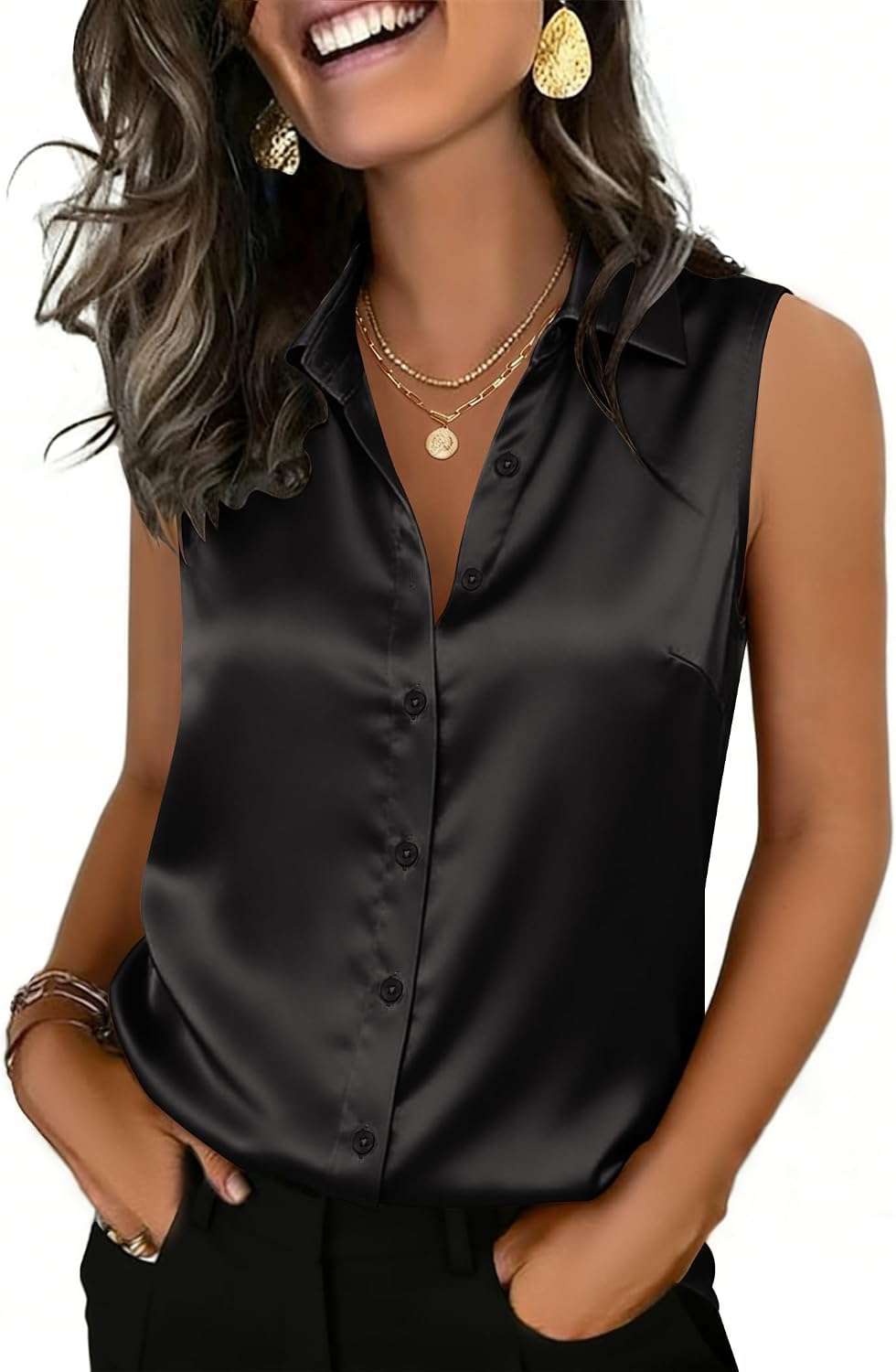 Women's Satin Sleeveless Blouse Collared Button Down Black