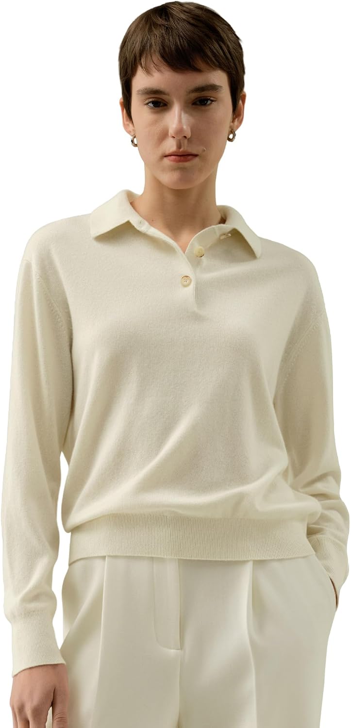 Women's Cream Long Sleeve Knit Polo Sweater