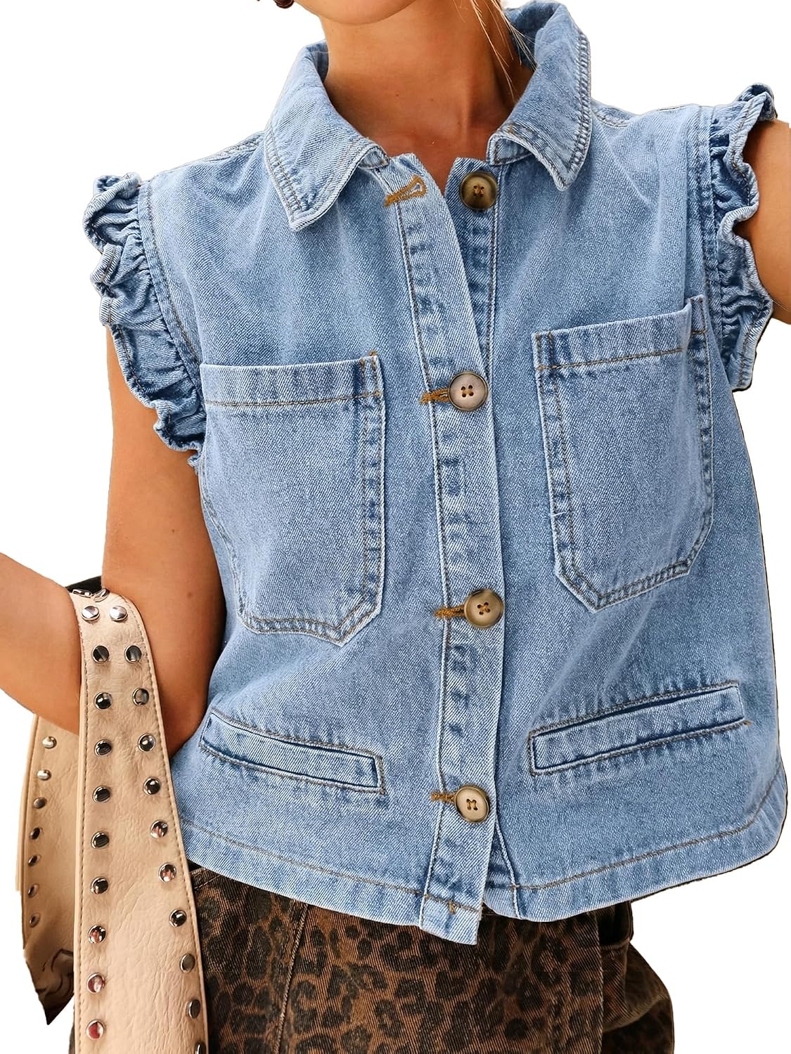 Women's Ruffle Denim Vest Button Front Cropped Jean Jacket