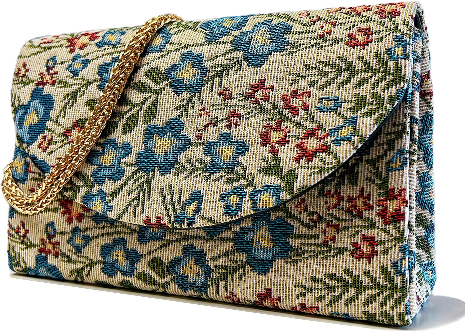 Women's Floral Tapestry Clutch with Gold Chain Strap