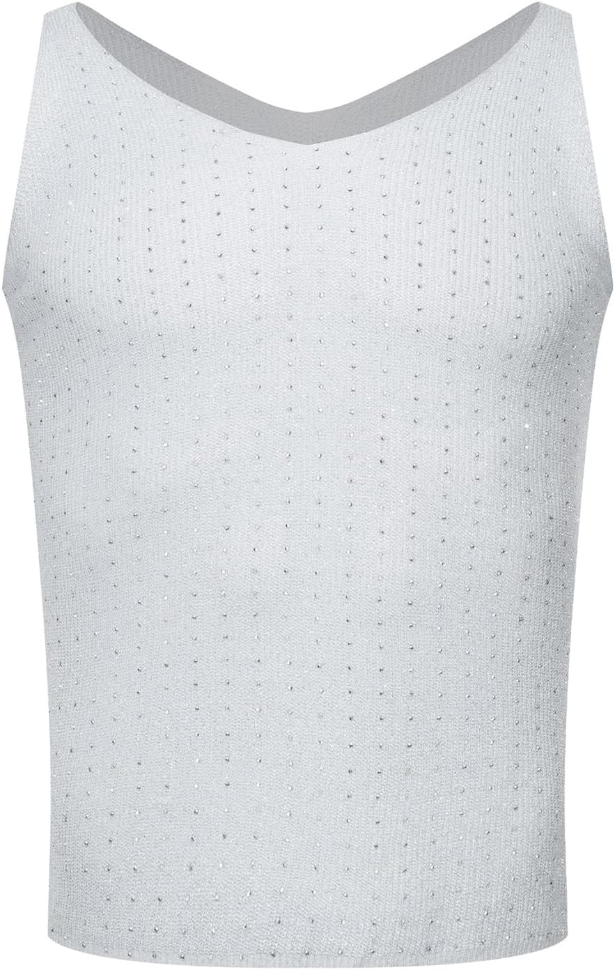 Men's Rhinestone V Neck Tank Top Silver Grey